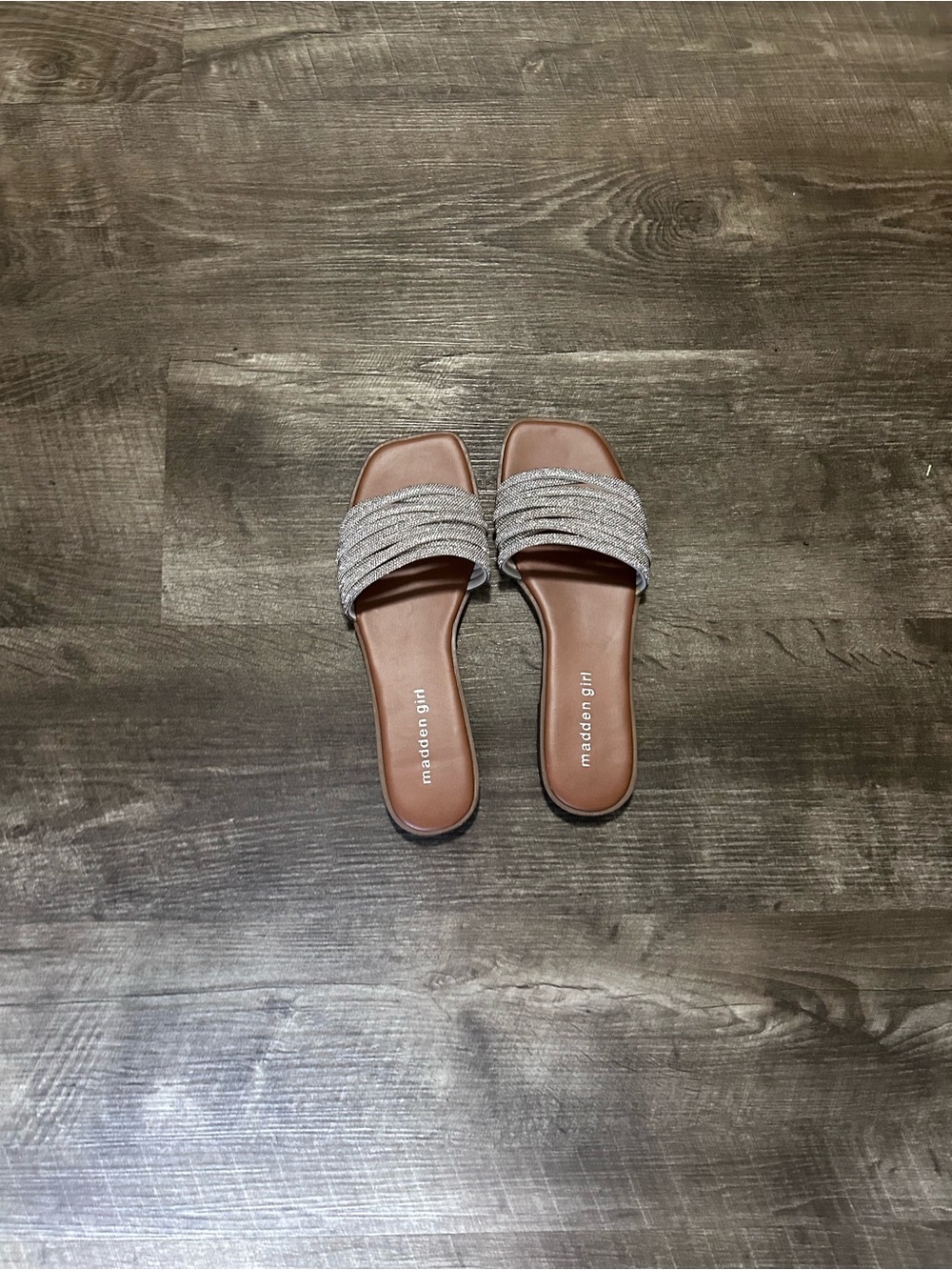 Madden Girl Brown Footbed Silver Braided Slide Sandals